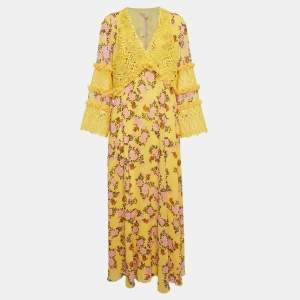 Giamba Yellow Floral Print Chiffon and Lace Cut-Out Maxi Dress M