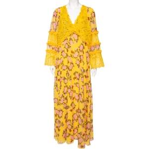 Giamba Yellow Floral Printed Chiffon & Lace Detail Maxi Dress S