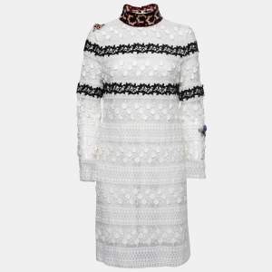 Giamba White Embroidered Lace High Neck Midi Dress M