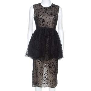 Giambattista Valli Black Tulle Flocked Peplum Midi Dress S