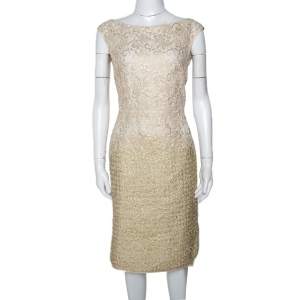 Giambattista Valli Gold & Cream Floral Lace Paneled Sheath Dress S