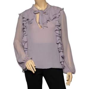 Giambattista Valli Lilac Silk Ruffled Neck Tie Detail Top L