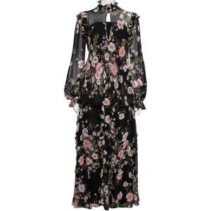 Giambattista Valli Black Floral Printed Silk Ruffle Trimmed Skirt & Blouse Set S