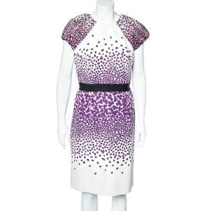 Giambattista Valli White & Purple Printed Cotton & Silk Sheath Dress XL
