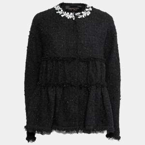 Giambattista Valli Black Tweed Embroidered Neck Detail Flared Jacket M