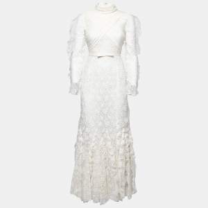 Giambattista Valli White Floral Guipure Lace Ruffle Trimmed Gown S