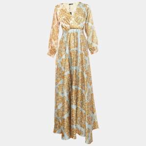 مملوكة مسبقًا Gianfranco Ferre Blue/Yellow Printed Maxi Crepe Wrap Dress S