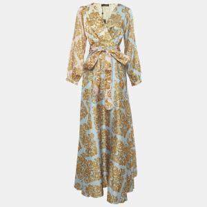 Pre Owned Gianfranco Ferre Blue/Yellow Printed Maxi Crepe Wrap Dress S