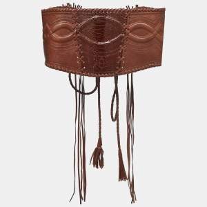 Gianfranco Ferre Brown Leather and Ostrich Braided Tassel Corset 