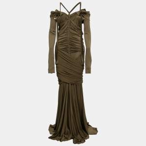 Gianfranco Ferre Olive Green Jersey Draped Cut Out Detail Maxi Dress XL