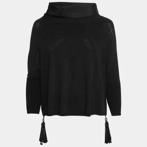 Gianfranco Ferre Vintage Black Knit Tassel-Detailed Sweater Poncho L