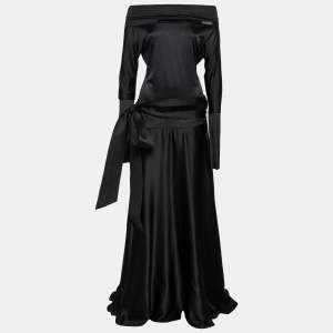 Gianfranco Ferre Black Jersey & Silk Cut-Out Back Belted Dress M
