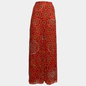 Gianfranco Ferre Vintage Red Printed Silk Embellished Maxi Skirt L