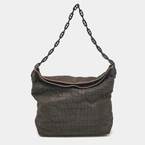 Gianfranco Ferre Dark Brown Fabric and Leather Chain Bucket Bag