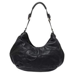 Gianfranco Ferre Black Leather Embossed Logo Hobo