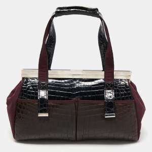 Gianfranco Ferre Burgundy/Navy Blue Alligator and Canvas Metal Frame Satchel