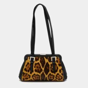 Gianfranco Ferre Black/Beige Leopard Print Calfhair, Satin and Leather Nylon Frame Baguette Bag