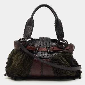 Gianfranco Ferre Multicolor Embossed Leather and Astrakhan Fur Tote