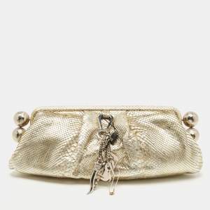 Gianfranco Ferre Gold Python Embossed Leather Charm Frame Clutch