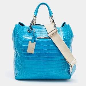 Gianfranco Ferre Turquoise Blue Crocodile Grommet Tote