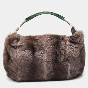 Gianfranco Ferre Black/Green Rabbit Fur, Croc and Leather Zip Hobo