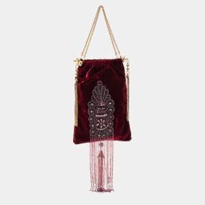 Gianfranco Ferre Burgundy Velvet Crystal And Bead Embellished Shoulder Bag