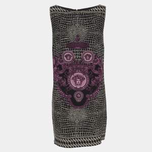 Pre Owned Gianni Versace Monochrome/Purple Animal Print Satin Medusa Sleeveless Mini Dress L