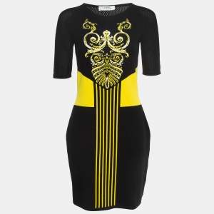 Gianni Versace BlackYellow Patterned Stretch Knit Bodycon Dress L