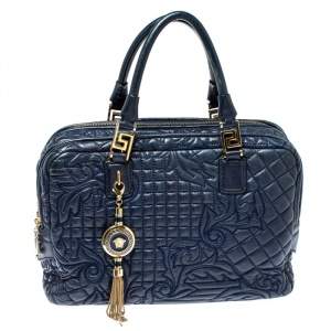 Versace Blue Leather Demetra Vanitas Top Handle Bag