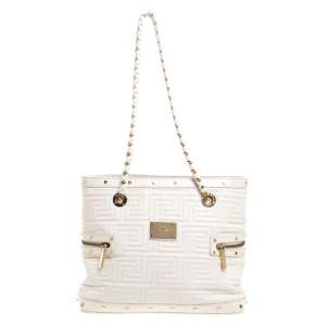 Versace White Quilted Leather Sided Zip Tote