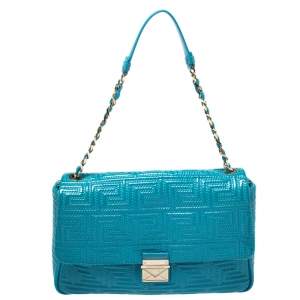 Versace Blue Patent Leather Large Flap Shoulder Bag