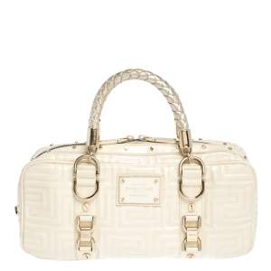 Gianni Versace Light Cream Quilted Patent Leather Bowler Bag