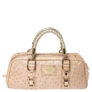 Gianni Versace Peach Quilted Ostrich Embossed Leather Bowler Bag