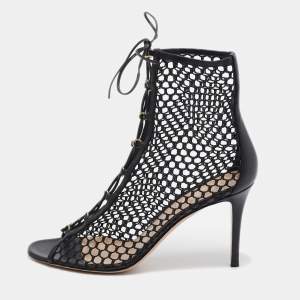 Gianvito Rossi Black Mesh and Leather Lace Up Open Toe Booties Size 40