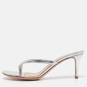 Pre Owned Gianvito Rossi Silver Patent Leather Calypso Thong Sandals Size 37.5