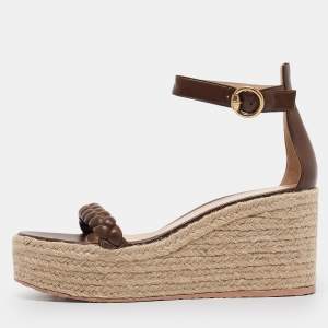 Gianvito Rossi Brown Braided Leather Merida Espadrille Wedge Sandals Size 40