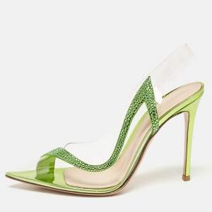 Gianvito Rossi Transparent/Green PVC and Suede Embellished Hortensia Pumps Size 38