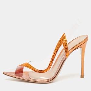 Pre Owned Gianvito Rossi Transparent/Orange PVC and Suede Embellished Hortensia Pumps Size 39