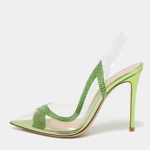 Gianvito Rossi Transparent/Green PVC and Suede Embellished Hortensia Pumps Size 39.5