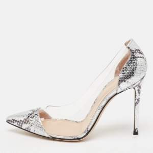 Gianvito Rossi Silver Snake Embossed Leather and PVC Plexi Pumps Size 39.5