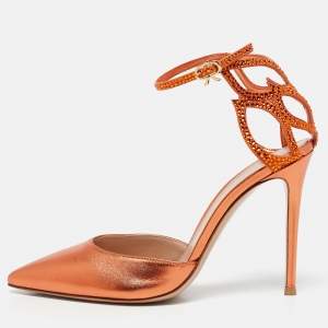 Gianvito Rossi Metallic Orange Leather Fleur Sandals Size 39