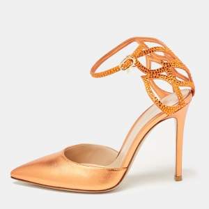 Gianvito Rossi Metallic Orange Leather Fleur Sandals Size 37