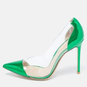 Gianvito Rossi Green Patent Leather and PVC Plexi Pointed Toe Pumps Size 38.5