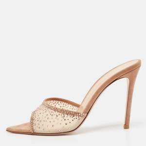 Gianvito Rossi Beige Mesh and Suede Rania Mules Size 38.5