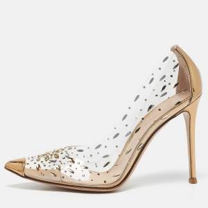 Pre Owned Gianvito Rossi Gold/Transparent Crystal Embellished Leather and PVC Lennox Pumps Size 40