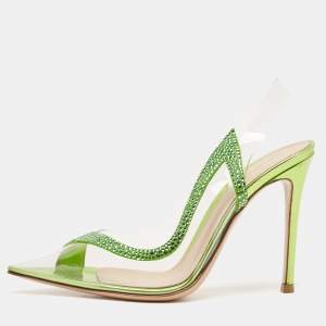 Gianvito Rossi Transparent/Green PVC and Suede Embellished Hortensia Pumps Size 37