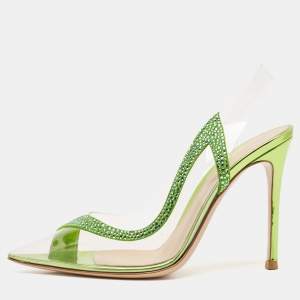 Gianvito Rossi Transparent/Green PVC and Suede Embellished Hortensia Pumps Size 37