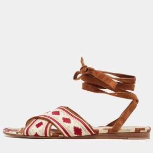 Gianvito Rossi Multicolor Embroidered Fabric Cheyenne Ankle Wrap Flat Sandals Size 40