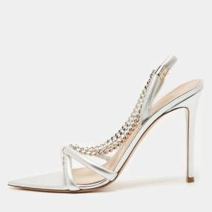 Gianvito Rossi Silver Leather Chain Detail Slingback Sandals Size 41