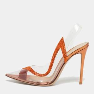 Pre Owned Gianvito Rossi Transparent/Orange PVC and Suede Embellished Hortensia Pumps Size 39
